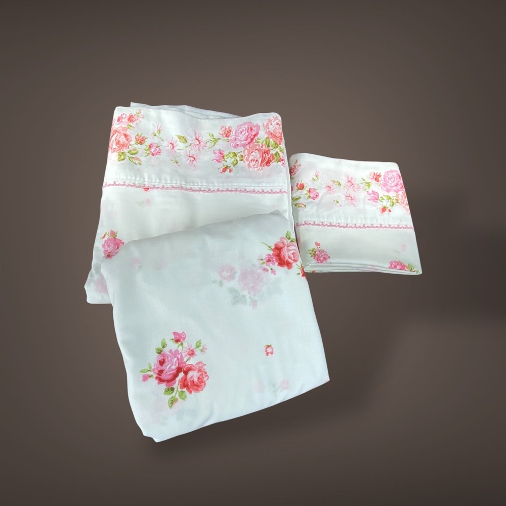 JCPenney Fashion Manor Double Sheet Set Roses 3pc‎ Vintage 1970s